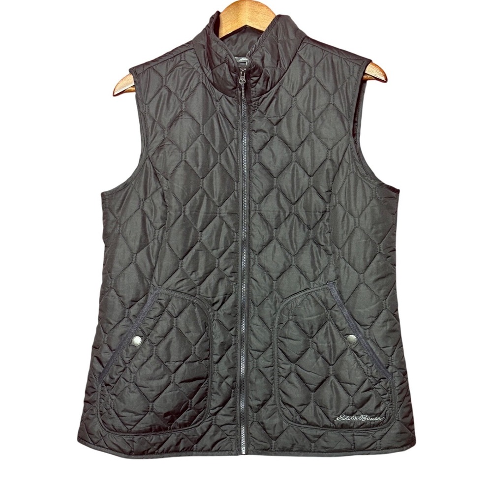 Eddie Bauer Quilted Vest Women Large Black Excellent Full Zip Diamond Pattern